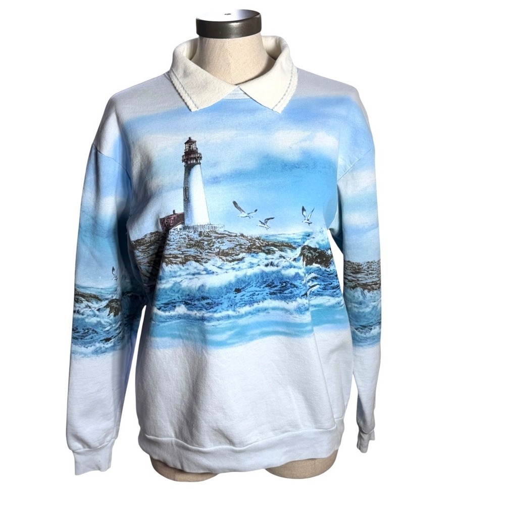 Vintage Morning Sun Lighthouse Graphic Sweatshirt Collared Blue White Medium
